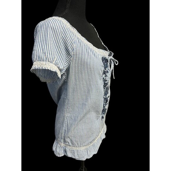 Abercrombie & Fitch Striped Short Sleeve Blouse W/ Embroidered Floral Design & T - Picture 4 of 10